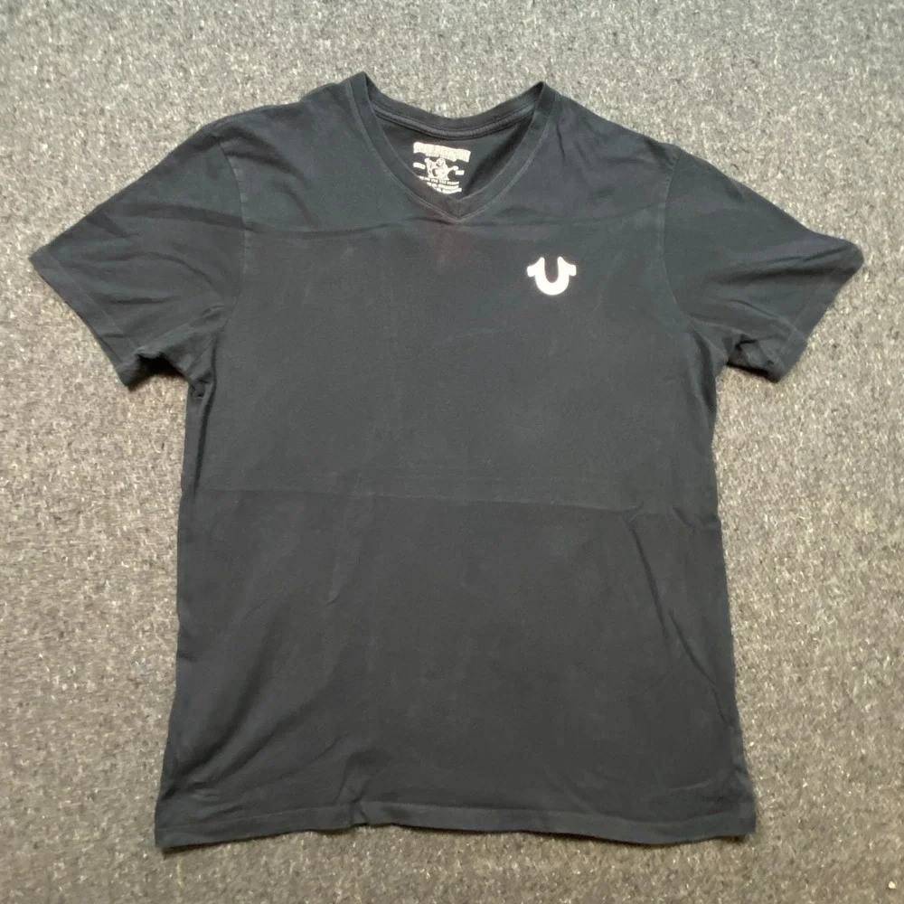 True Religion TShirt‎ Sz L Mens Black Streetwear Horseshoe Logo V Neck Tee